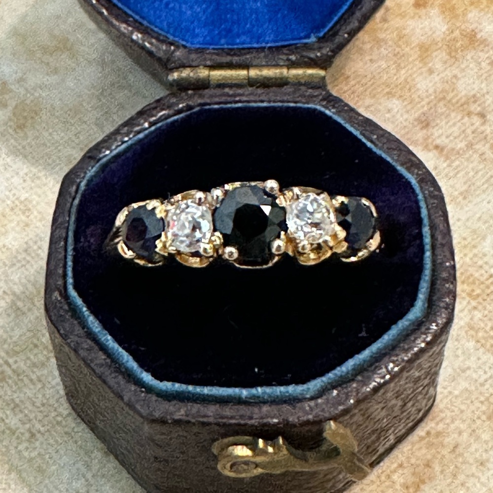 Antique 18K Gold Sapphire & Old Mine Diamond Victorian 5-Stone Ring Size 5.5 - Picture 15 of 15